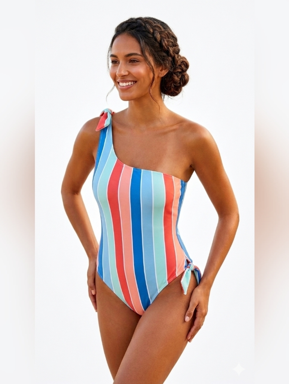 Preppy Coastal Large Striped One Shoulder Retro Artisy Resort Cruise SwimNew